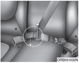 Pull and insert the tongue plate (C) into the open end of the buckle (D) until