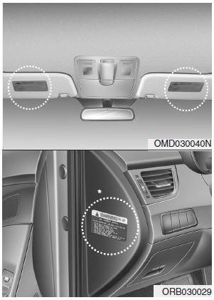 Air bag warning labels, some required by the U.S. National Highway Traffic Safety