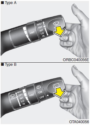 In the OFF position, pull the lever gently toward you to spray washer fluid on